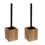 Two small square bamboo toilet brush holders with black plastic brush handles on white background