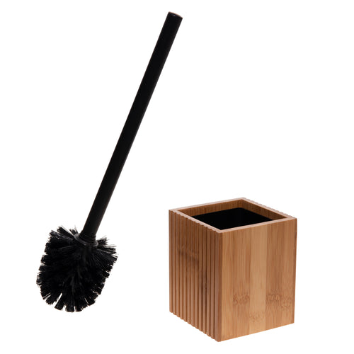 Small square bamboo toilet brush holder with a black-handled toilet brush head shown separately on a white background.