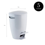 White pedal waste bin with dimension arrows and a circular 5 liter badge over a white background