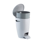 White pedal waste bin with lid open showing inner grey liner insert, isolated on a white background