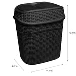 Matte black rattan-style trash can with dual swing lids and measurement arrows indicating height and width