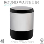 Round stainless-steel waste bin with matte black top rim and black base, shown against a white background with product dimensions text.