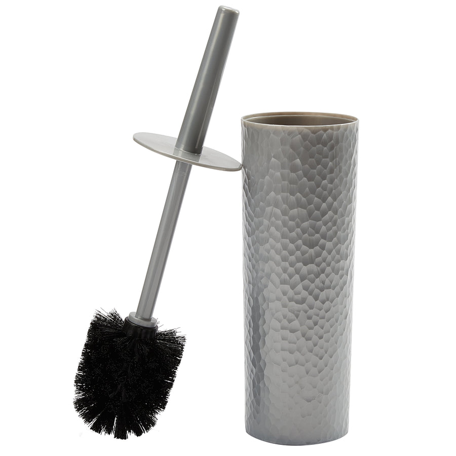Silver hammered-texture cylindrical toilet brush holder with detached gray-handled black-bristle brush