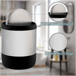 Stainless-steel round waste bin with black rim and base, graphic callouts showing a 360-degree spinning lid and stainless steel finish.