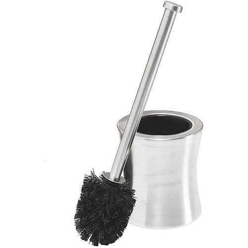 Stainless steel hourglass toilet brush holder with long metal handle and black bristle brush leaning against canister
