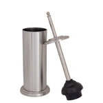 Stainless steel plunger and cylindrical holder shown with plunger handle leaning against the holder on white background