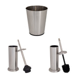 White-background product layout showing stainless steel waste bin, plunger with holder, and toilet brush with holder separated