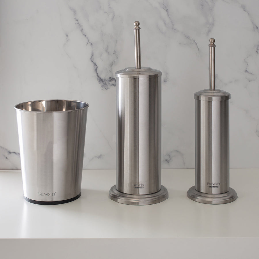 Three-piece stainless steel bathroom set: open waste bin, covered plunger holder, and toilet brush holder on a white surface