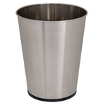 Close-up of a stainless steel bathroom waste bin showing brushed metal finish and black base on a white background