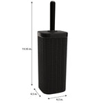 Matte black rattan-patterned toilet brush and holder with dimensional arrows and measurements on white background