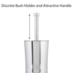 Close-up of Bath Bliss stainless steel toilet brush and holder with arrow indicating removable handle and headline about discrete brush holder