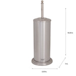 Stainless steel covered toilet brush holder shown on white with dimensional callouts indicating height and base measurements