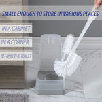 Toilet brush and translucent square holder positioned on a bathroom floor with text overlay saying small enough to store in various places