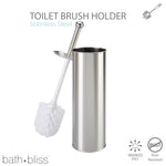 Stainless steel toilet brush and holder shown with brush removed and product text graphics