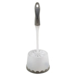 Bath Bliss toilet brush upright in frosted holder showing scalloped gray base and white bristles on white background