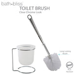 Product graphic of Bath Bliss chrome toilet brush and frosted holder with branding and small callouts on white background