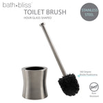 Product graphic showing stainless steel hourglass toilet brush and holder with brand text and simple feature icons