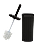 Toilet brush with white bristles and black rattan-patterned rectangular holder shown separated on white background