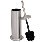 Toilet brush with black bristles and stainless steel handle displayed leaning against its matching cylindrical holder