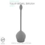 Gray tulip bowl toilet brush with long handle and product title text on white background