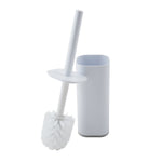 White acrylic square toilet brush and holder set shown separated, angled brush with round white bristles and matching rectangular holder