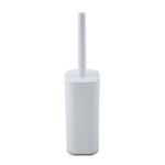 White square acrylic toilet brush set standing upright inside matching rectangular holder on white background