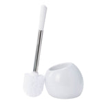 White dome toilet brush holder with stainless handle and white bristle brush on white background