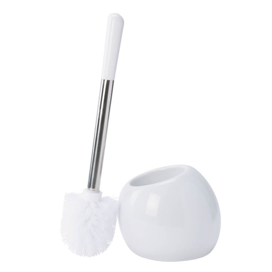 White dome toilet brush holder with stainless handle and white bristle brush on white background