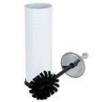 Bath Bliss white swirled cylindrical holder shown open with black-bristled toilet brush next to it on white background