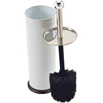 Overhead angled view of Bath Bliss white swirled holder with chrome handle and black-bristled toilet brush in foreground