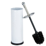Bath Bliss white swirled holder with black-bristled brush leaning against it, chrome handle and drip tray visible