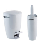 White plastic bathroom pedal bin next to a matching enclosed toilet brush holder on a white background