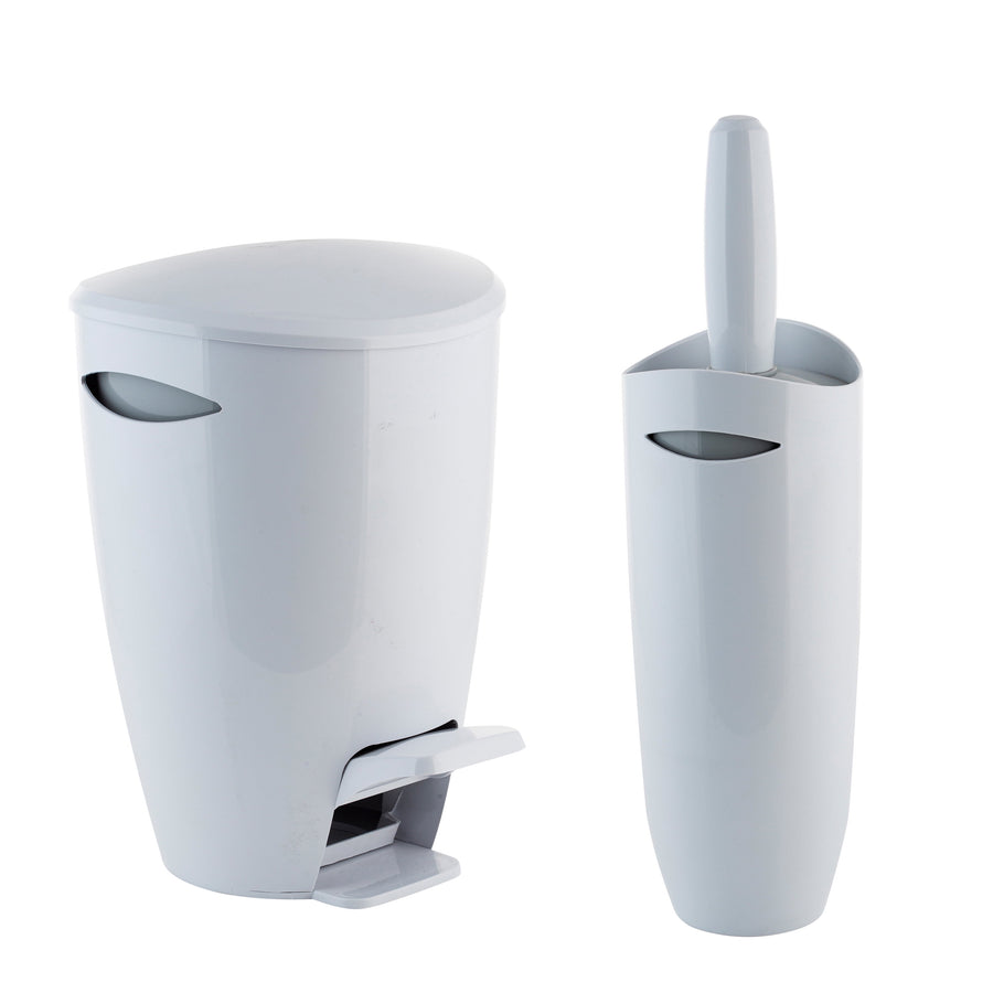 White plastic bathroom pedal bin next to a matching enclosed toilet brush holder on a white background