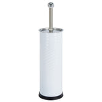 Close-up of Bath Bliss white swirled toilet brush holder with chrome handle and black base on white background