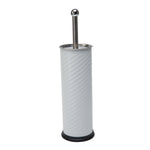 Front view of Bath Bliss white swirled toilet brush holder with chrome handle and black base on white background