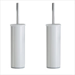 Two Bath Bliss white toilet brush holders with chrome handles shown side by side on a white background