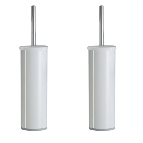 Two Bath Bliss white toilet brush holders with chrome handles shown side by side on a white background