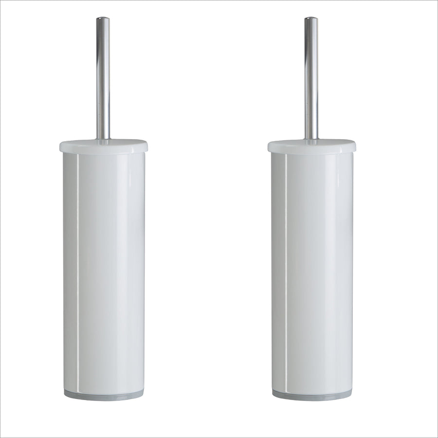 Two Bath Bliss white toilet brush holders with chrome handles shown side by side on a white background