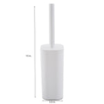 White toilet brush and holder with measurement annotations showing overall height and base width on plain background