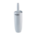 Slim white toilet brush holder with handle inserted, photographed on a clean white background