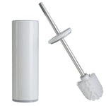 Bath Bliss white toilet brush next to its matching cylindrical holder, brush head and chrome handle visible
