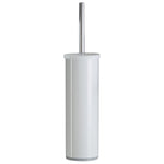 Bath Bliss white toilet brush in a matching cylindrical holder with a chrome handle on a white background