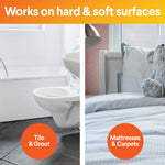Split image showing a bathroom and a bed with orange circles labeling “Tile & Grout” and “Mattresses & Carpets” under headline “Works on hard & soft surfaces.”