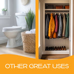 Split lifestyle images showing a bathroom with toilet and a closet with coats, over an orange panel reading Other Great Uses.