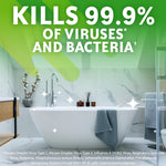 Clean modern bathroom scene with bathtub and text claiming the product kills 99.9% of viruses and bacteria