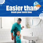 Lifestyle image of an adult and child brushing teeth in a bathroom under a banner reading 'Easier than brush your teeth time'