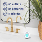 Bathroom sink scene with Febreze oval air freshener on counter and icons stating no outlets no batteries