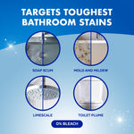 Graphic showing four circular before-and-after targets for soap scum, mold, limescale and toilet stains