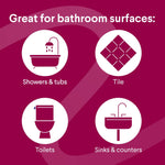 Infographic listing bathroom surfaces - showers & tubs, tile, toilets, sinks & counters - with icons on magenta background