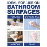 Informational panel titled ‘Ideal for use on Bathroom Surfaces’ showing labeled photos for formica, tile, mirrors and glass
